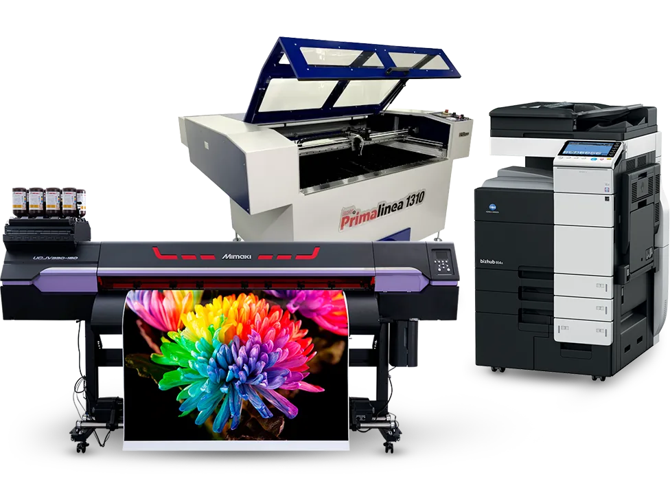 Mimaki, Rizon Laser CNC PrimaLinea 1310 e Konica Minolta comercializados pela 3EXDigital