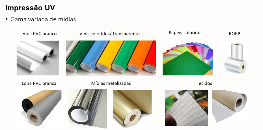 Mídias para impressão UV: vinil PVC branco, vinis coloridos e transparente, papéis coloridos, BOPP, lona PVC branca, mídias metalizadas e tecidos