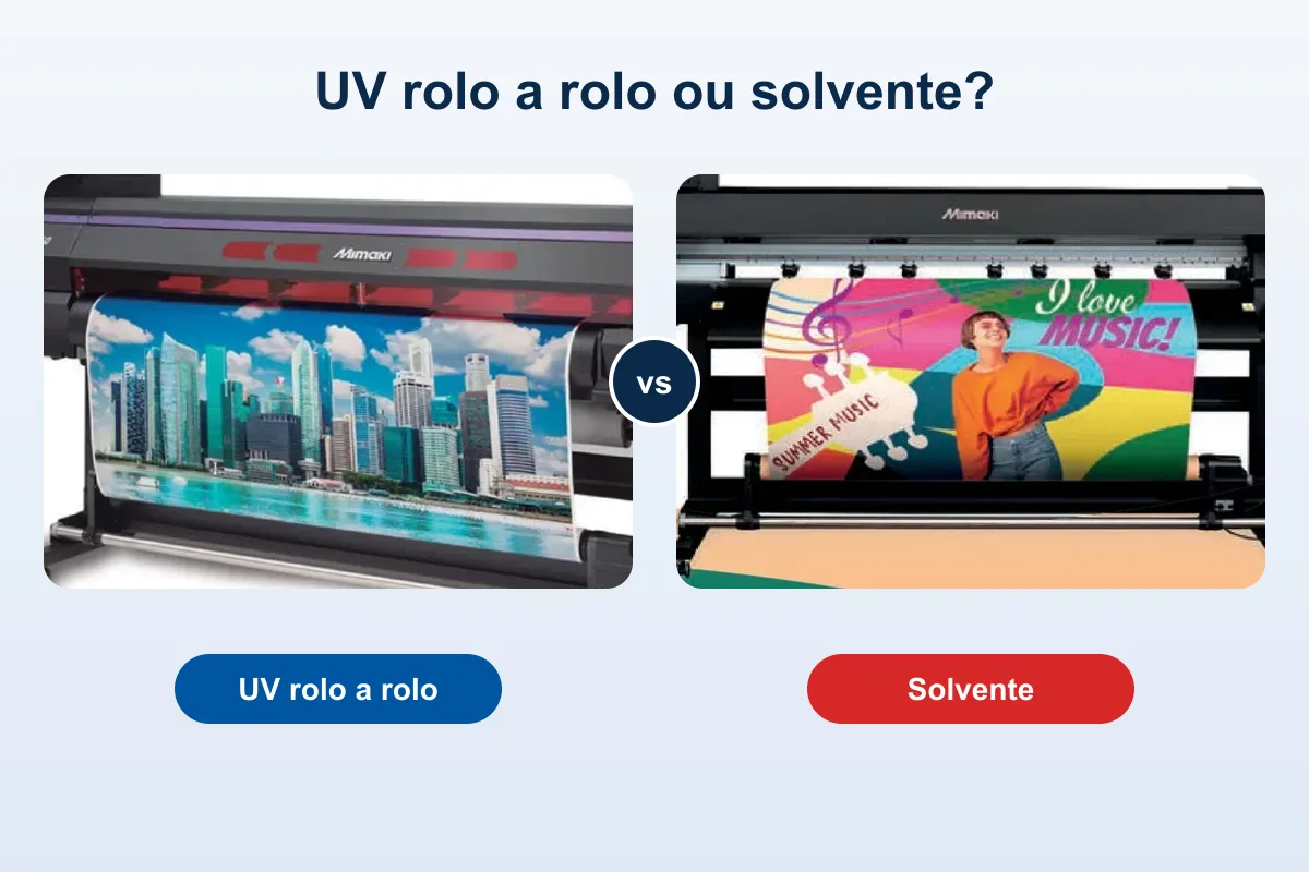Impressora Mimaki UV rolo a rolo ao lado de uma impressora Mimaki solvente